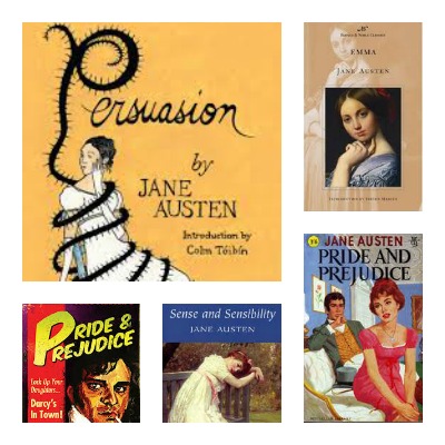 Various covers of Jane Austen novels