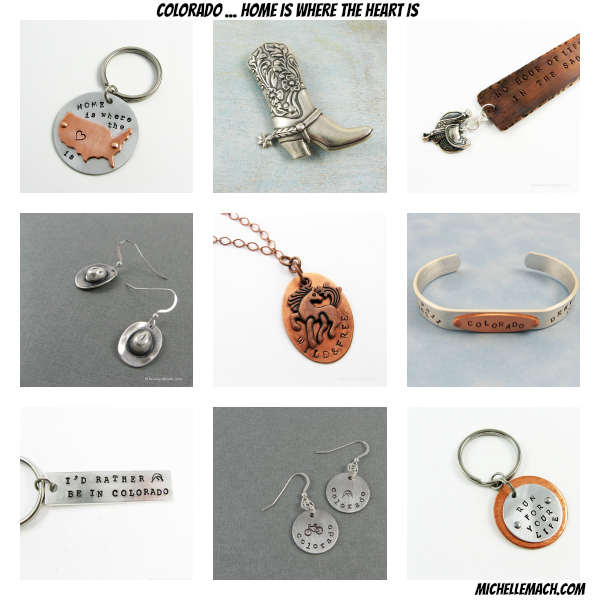 Collage of handmade jewelry and gifts with a Colorado theme